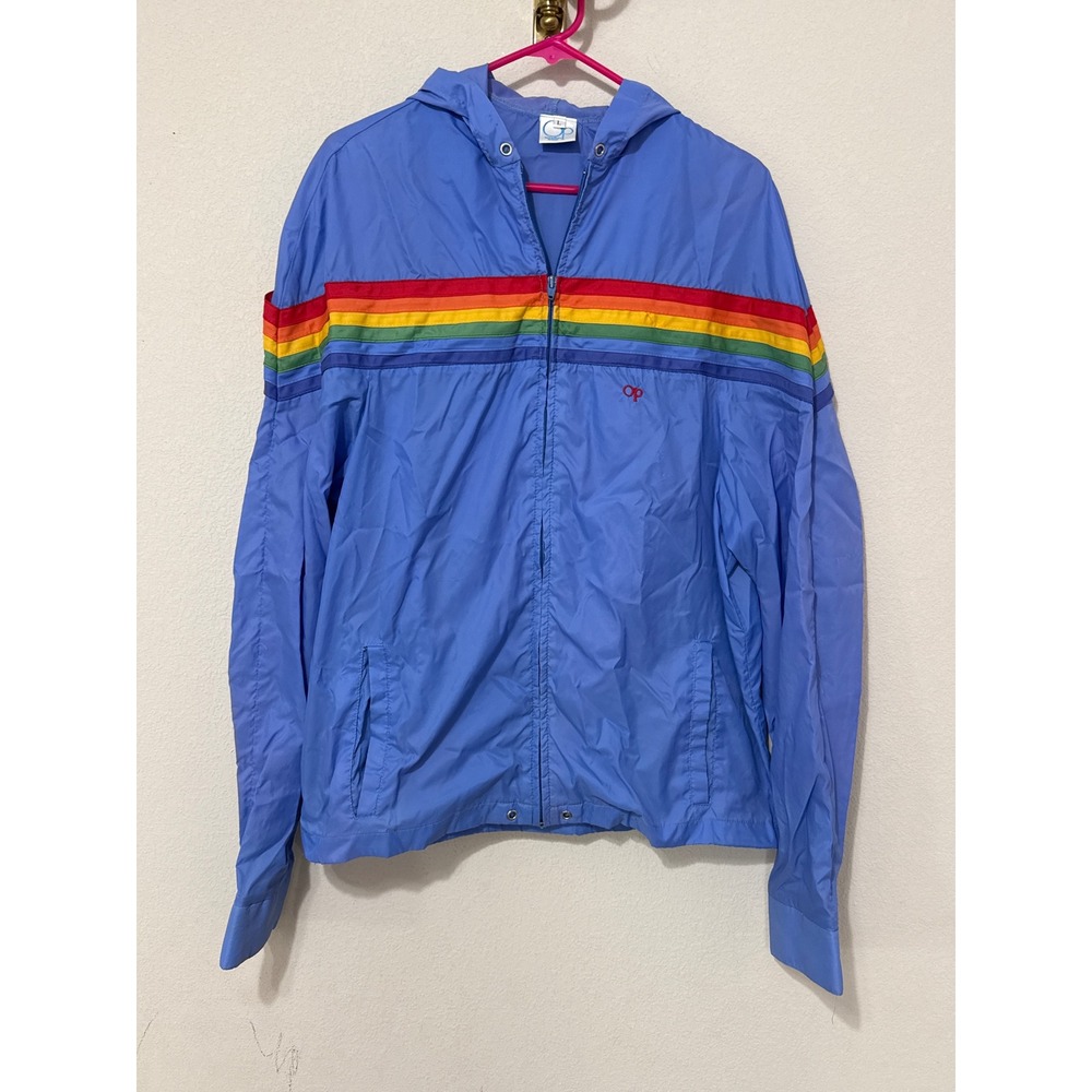 Ocean Pacific Windbreaker Jacket Mens Large Blue Vintage Rainbow Stripe Hooded